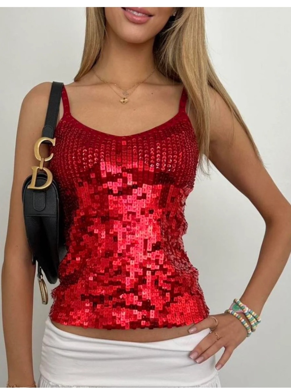 Shapewear Red Sequin Spaghetti Strap Cami with adjustable bra inside -38D